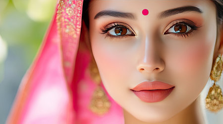 This stunning portrait captures a woman's beauty in traditional Indian attire. Her elegant makeup and intricate jewelry enhance her radiant expression, reflecting culture and grace.の素材
