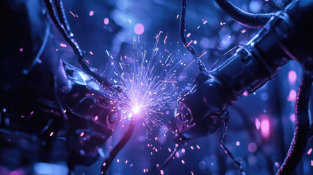 This close-up image shows robotic hands creating electric sparks in a dark setting, highlighting the blend of technology and innovation in modern automation.の素材