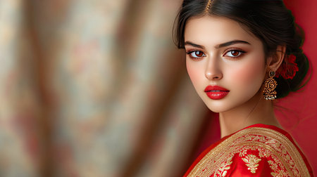 A stunning portrait of an elegant woman in traditional attire, featuring detailed jewelry and vibrant makeup, showcasing beauty and cultural richness with a charming expression.の素材