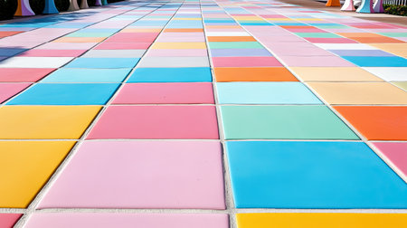 A vibrant checkered floor pattern featuring pastel tiles creates an inviting atmosphere for events, celebrations, or artistic displays. Ideal for festive settings.の素材