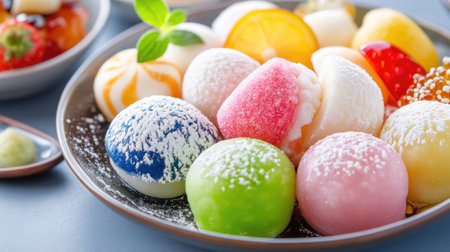A vibrant platter of colorful mochi desserts accompanied by fresh fruits and toppings. Perfect for a festive gathering or a sweet treat.の素材