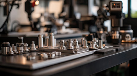 Close-up view of precision metal parts arranged on a workshop table, showcasing the intricate design and quality craftsmanship. Ideal for industrial themes.の素材