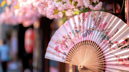A beautiful decorative fan blends seamlessly with blooming cherry blossom flowers, capturing the essence of spring's vibrant colors and serene atmosphere.の素材