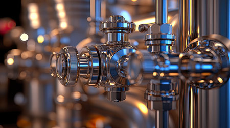 Detailed close-up view of shiny valves and pipes highlighting industrial machinery. The image showcases intricate designs and connections used in fluid control systems.の素材