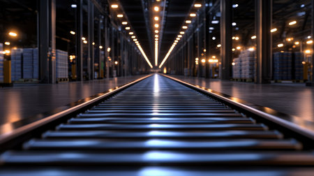 A striking view of train tracks leading through a spacious industrial warehouse illuminated by warm ambient lights, showcasing modern logistical design and operations.の素材
