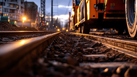 A low-angle view of railway tracks during sunset, featuring construction machinery nearby. The image highlights the industrious atmosphere of urban development.の素材