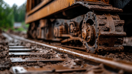 A detailed close-up view of a rusty machinery track resting on a muddy railroad surrounded by nature, showcasing industrial wear and rustic beauty in a serene landscape.の素材