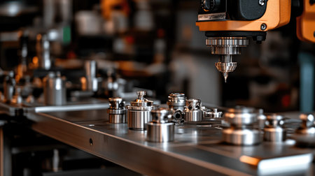 A detailed view of precision machining equipment highlighting various components in a modern industrial workshop, showcasing advanced technology and craftsmanship.の素材