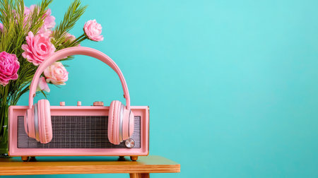 A charming retro pink radio with matching headphones sits beside beautiful flowers against a vibrant teal background, creating a stylish decor.の素材