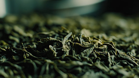 Close-up of dried green tea leaves showcasing their texture and color. Ideal for health and wellness themes, this image highlights the natural beauty of herbal teas.の素材