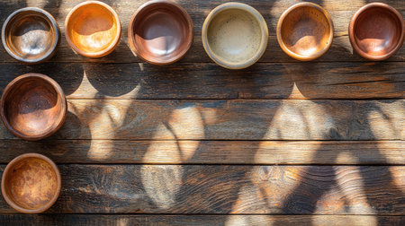 Elegant arrangement of wooden bowls on a rustic wood surface, showcasing natural textures and soft shadows. Perfect for adding warmth and style.の素材