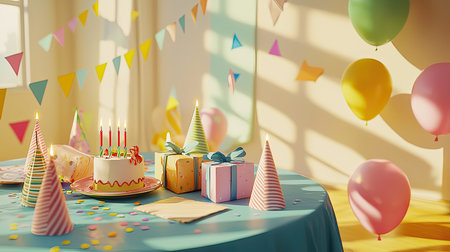 A vibrant birthday celebration scene featuring a beautifully decorated cake, colorful balloons, and festive gifts on a charming table setting.の素材