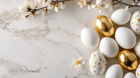 A beautiful arrangement of decorated Easter eggs on a marble surface, accompanied by delicate flowers, creating an elegant and festive atmosphere for spring celebrations.の素材