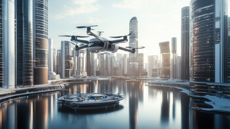 A sleek drone hovers above a modern urban skyline, reflecting in the calm water below. The image showcases advanced technology intertwined with urban architecture.の素材