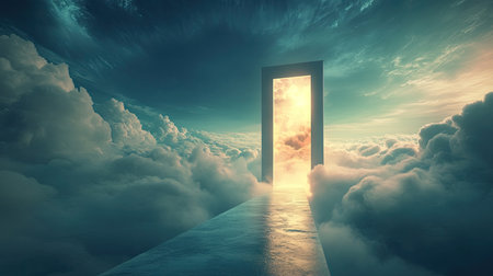 A mystical doorway opens into a bright light above serene clouds, evoking a sense of adventure and tranquility. Perfect for themes of hope and exploration.の素材