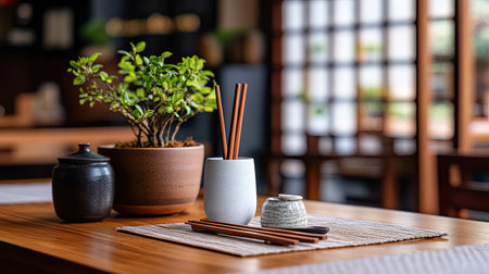 A serene dining setting featuring a potted plant, wooden chopsticks, and minimalistic ceramics. Perfect for showcasing modern simplicity and coziness.の素材
