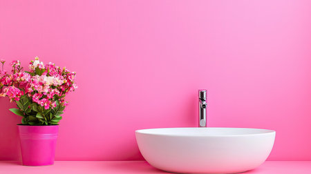 A modern bathroom scene featuring a sleek sink against a vibrant pink wall, complemented by a stylish flower arrangement, creating a refreshing and elegant atmosphere.の素材