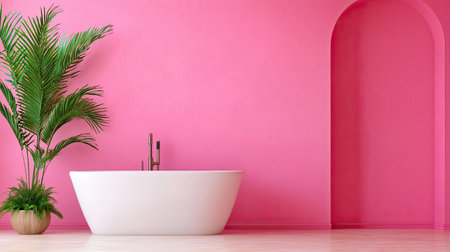 Discover an elegant modern bathroom featuring vibrant pink walls and a soothing green plant. This stylish space promotes relaxation and tranquility.の素材
