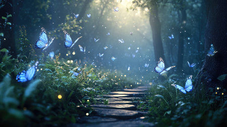 A serene forest scene featuring a winding pathway surrounded by blue butterflies and soft, dappled light filtering through the trees, evoking a sense of tranquility and magic.の素材