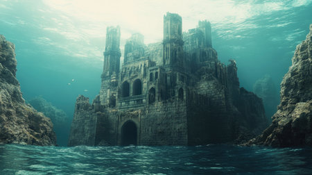 An atmospheric view of a majestic castle submerged under clear water, revealing ancient architecture surrounded by serene marine beauty and vibrant aquatic life.の素材