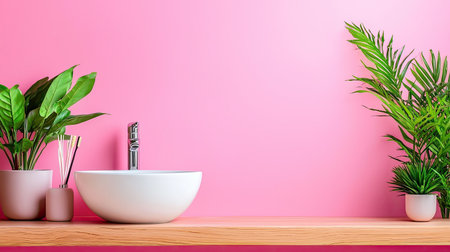 A modern bathroom scene featuring a sleek sink, vibrant pink wall, and lush green plants, creating a fresh and inviting atmosphere for relaxation.の素材
