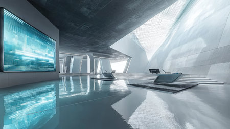 Explore a stunning futuristic office interior featuring a modern aesthetic, sleek surfaces, and high-tech design elements that inspire creativity and productivity.の素材