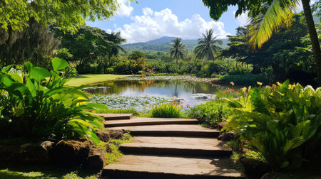 Discover a tranquil garden scene with lush greenery, vibrant flora, and a calm pond reflecting the blue sky, perfect for relaxation and nature appreciation.の素材