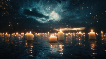 A tranquil night scene featuring candles floating on water under a starry sky. The soft glow of the candles creates a serene atmosphere, perfect for meditation.の素材