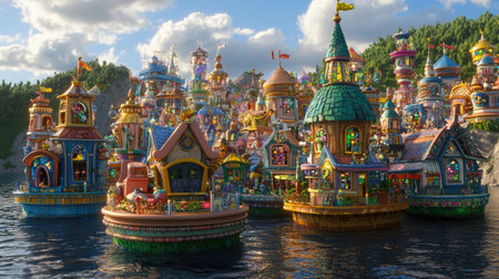 Explore a vibrant fantasy village nestled by water, featuring whimsical architecture and colorful buildings. A picturesque scene under a bright sky.の素材