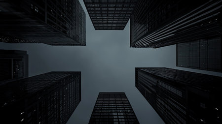 A dramatic view looking up at towering skyscrapers in a dark urban setting. The image captures the essence of modern architecture against a moody sky.の素材