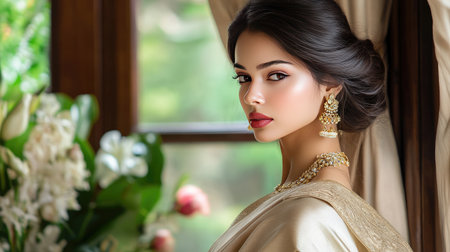 A captivating portrait of a woman dressed in traditional attire, adorned with elegant jewelry. The soft lighting highlights her features against a floral backdrop, evoking beauty and serenity.の素材