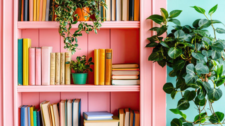 A vibrant and colorful bookshelf adorned with an array of books and lush plants. This cozy setup creates a perfect reading and study environment, enhancing home decor.の素材