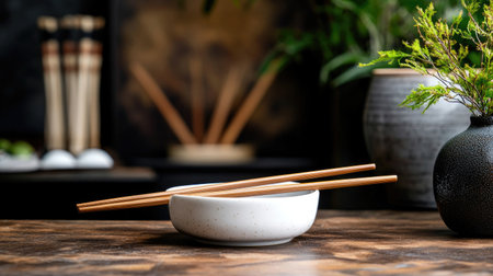 A minimalist Asian table setting featuring a white bowl and bamboo chopsticks on a rustic wood surface, surrounded by natural greenery, creating a serene dining atmosphere.の素材