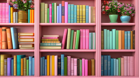 A vibrant array of colorful books on shelves surrounded by blooming flowers creates an inviting and cheerful atmosphere ideal for any reading nook or study space.の素材
