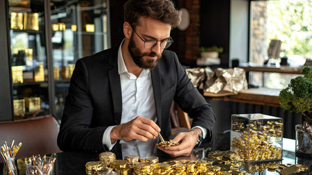 A focused businessman examines gold coins in a contemporary office, symbolizing investment and financial strategy with an ambiance of elegance and success.の素材