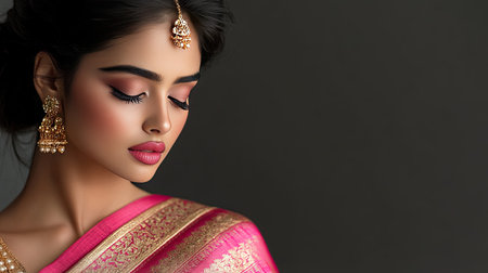 A captivating portrait of a woman dressed in traditional attire, showcasing exquisite makeup and elegant accessories. The soft lighting enhances her serene expression.の素材