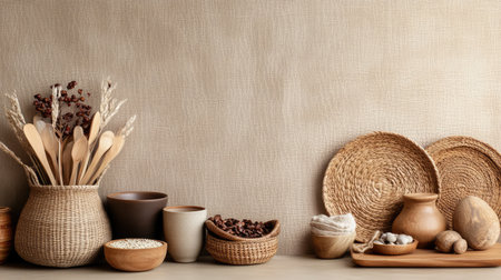 A beautifully arranged kitchen scene featuring a collection of dried plants, wooden utensils, and rustic ceramics, creating a warm and inviting atmosphere.の素材
