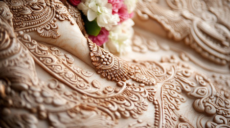 A close-up view of intricate floral designs on textured fabric showcases the beauty of craftsmanship. Perfect for themes of elegance and romance.の素材