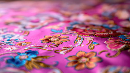 A vibrant close-up of colorful floral embroidery on pink fabric, showcasing intricate patterns and detailed craftsmanship. Perfect for textile art projects.の素材