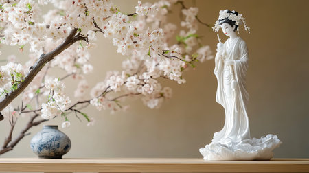 A serene white statue stands gracefully beside delicate cherry blossom branches. This tranquil arrangement highlights beauty and elegance, perfect for enhancing any indoor space.の素材