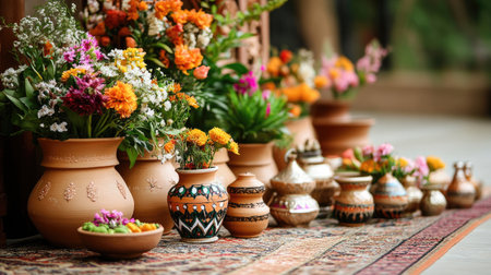 A beautiful display of colorful flower arrangements in traditional clay pots, showcasing vibrant natural beauty and artistic craftsmanship in a serene setting.の素材
