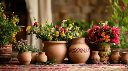 A stunning display of colorful flowers in traditional pottery, complemented by a vibrant rug. Ideal for home decor or artistic inspirations.の素材