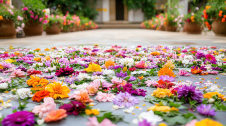 A stunning display of vibrant flowers scattered on a garden path, creating a serene and colorful atmosphere. Perfect for nature and floral themes.の素材