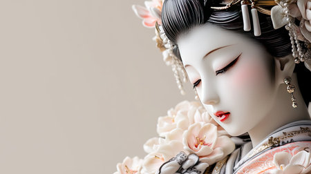 This stunning portrait of a traditional geisha showcases exquisite craftsmanship and elegance, framed by beautiful flowers and a serene background.の素材