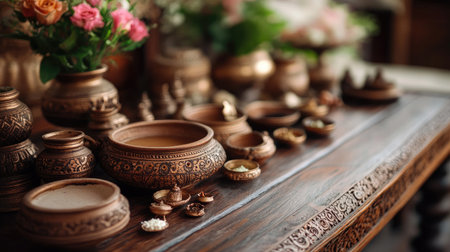 A beautiful arrangement of traditional pottery and decorative items on a rustic wooden table, featuring intricate designs and vibrant flowers that enhance the artistic presentation.の素材