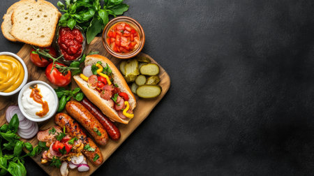 A vibrant display of delicious hot dogs garnished with fresh toppings, served with sides of pickles and tomatoes, perfect for summer gatherings and barbecues.の素材