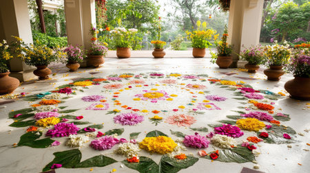 A stunning floral design created with a variety of natural flowers and leaves, showcasing vibrant colors and intricate patterns in an outdoor setting.の素材