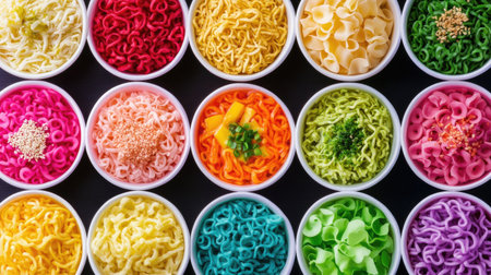 A vibrant assortment of uncooked noodles displayed in white bowls against a black background, showcasing various colors and textures for culinary inspiration.の素材