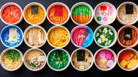 A vibrant assortment of freshly prepared Asian noodle dishes showcased in colorful bowls, featuring a variety of ingredients and garnishes, perfect for culinary inspiration.の素材