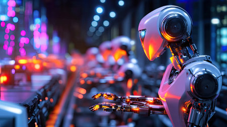 A stunning futuristic robot operates in a neon-lit environment, showcasing advanced technology and automation. The design features glowing elements, highlighting innovation in robotics and artificial intelligence.の素材
